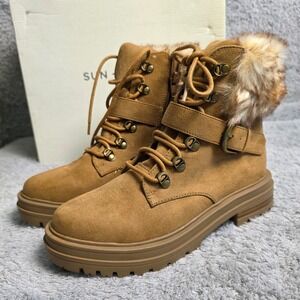 Sun Stone Womens Girls‎ Ankle Boots Tan Faux Fur Trim Lace Up Buckle Size 5M New